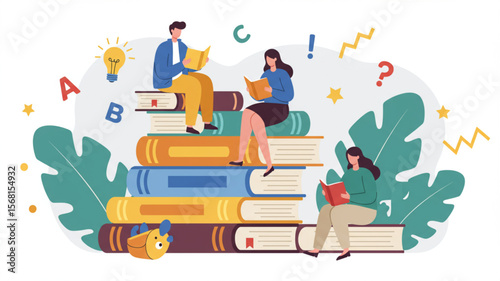 Diverse People Reading on Stack of Books, Education and Knowledge Concept Illustration
