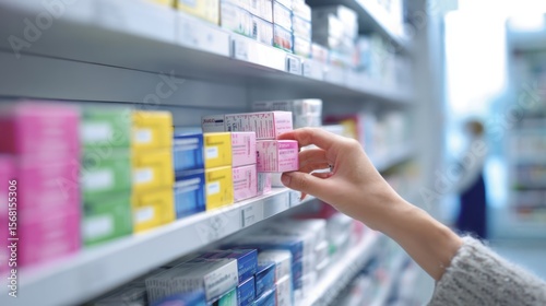 The hand selecting medications in a colorful pharmacy aisle.