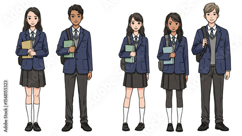 Diverse Group of Students in School Uniforms - Character Illustration