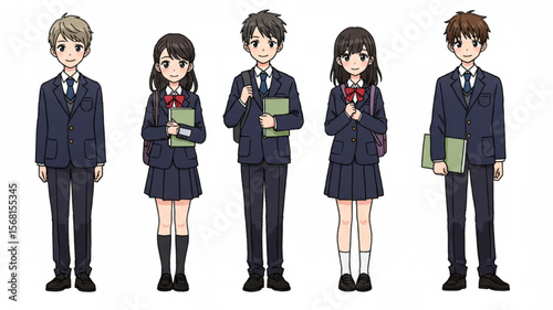 Group of Japanese High School Students in Uniform Illustration