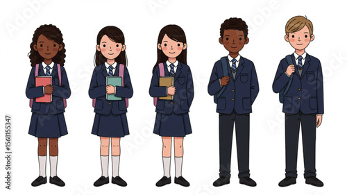 Diverse Group of Students in School Uniforms Holding Books, Standing on White Background