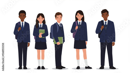Diverse Group of Students in School Uniforms with Backpacks and Books, Illustration