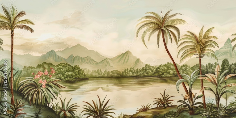 Obraz premium Wallpaper serene tropical landscape painting in pastel tones 