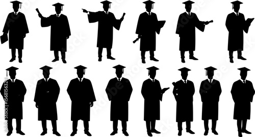 Set of graduated men silhouette vector on white, education