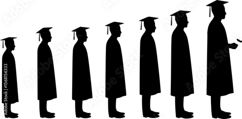 Set of graduated men silhouette vector on white, education