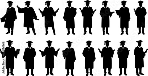 Set of graduated men silhouette vector on white, education