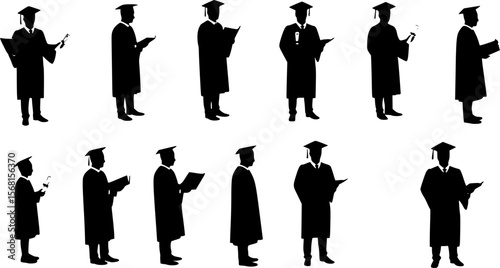 Set of graduated men silhouette vector on white, education