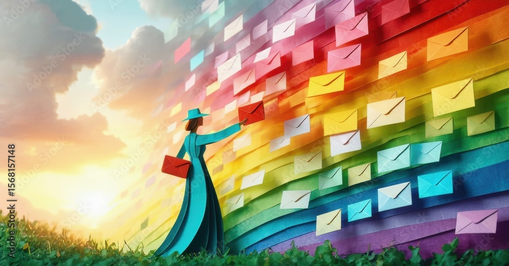 Fototapeta premium Woman extends hand toward colorful envelopes forming rainbow. Sunset sky, grassy field create vibrant scene. Hopeful, whimsical imagery.