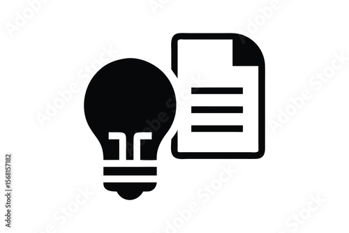 Black and white graphic icon representing a bright idea or innovation next to a document or paper with lines of text