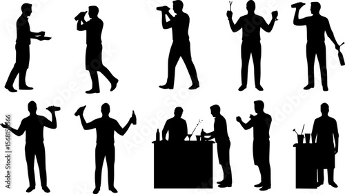 Set of bartender silhouette vector on white background