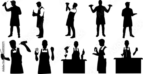Set of bartender silhouette vector on white background