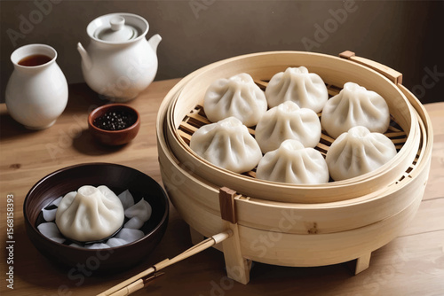 Homemade White Dumplings in Bamboo Steamer on Wooden Table