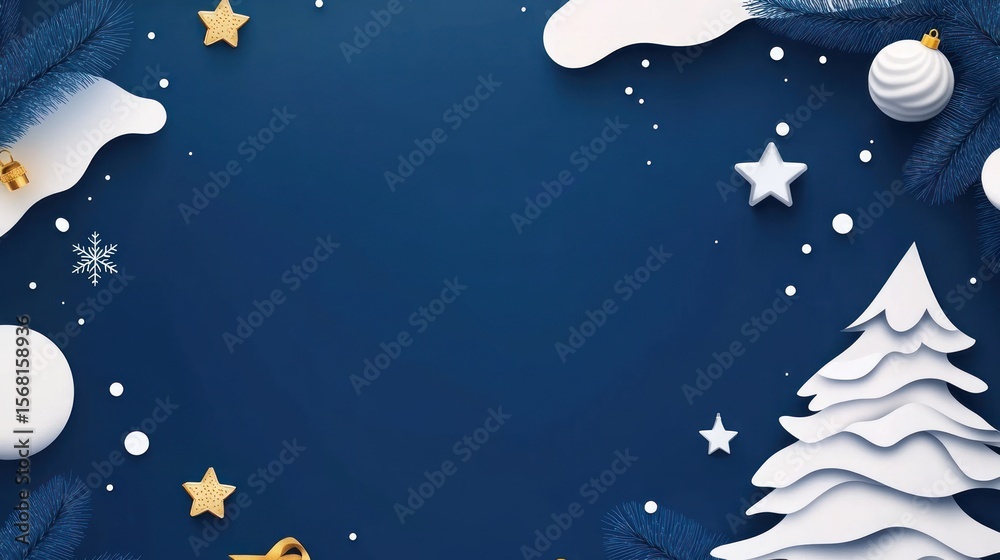 Naklejka premium Elegant Christmas Flat Lay: Festive Blue Background with 3D Paper Ornaments