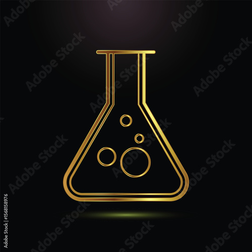 Golden outline of a laboratory flask with bubbles on a black background