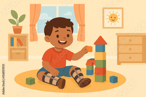 Smiling Boy with Leg Braces Playing with Blocks in Bright Nursery Flat Vector Illustration