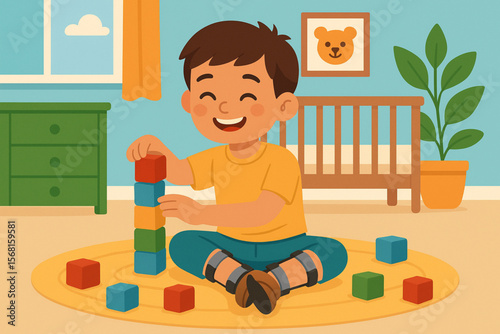 Smiling Boy with Leg Braces Playing with Blocks in Bright Nursery Flat Vector Illustration