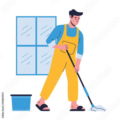Illustration of an House Keeper Mopping Cartoon