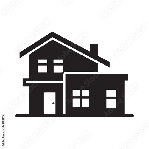 Simple black silhouette of a two story residential house with chimney