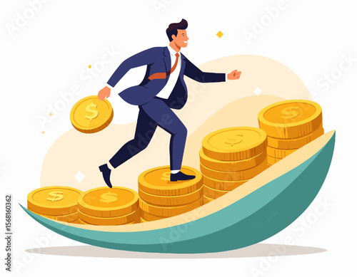 Businessman Climbing Stacked Gold Coins Ladder for Financial Growth and Career Success on Cream Background
