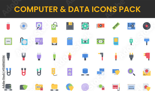 Colorful Computer and Data Icons Pack with Diverse Hardware and Security Elements.
