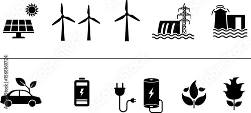 Renewable energy sources vector illustration clean power generation methods and sustainable transport icon set
