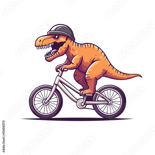 Cartoon T Rex Dinosaur Riding a Bicycle Wearing a Helmet Illustration