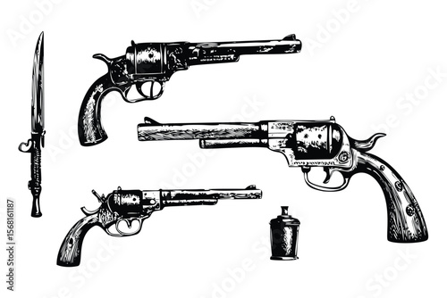Wild West Weapons Vector Engraving Set. Detailed Monochrome Cowboy Firearm Illustrations. Vintage Stipple & Hatching Style Icons & Symbols