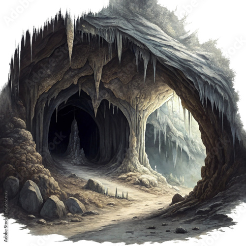 A Cave Entrance with Stalactites on white background