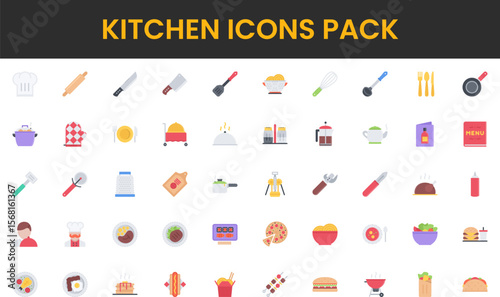 Colorful kitchen icons pack featuring cooking tools food items and restaurant elements.