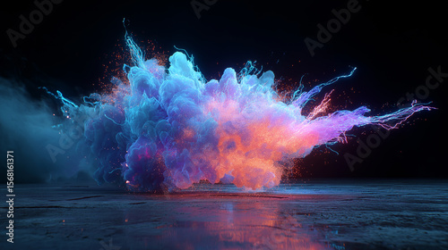 Neon particle flow dynamic motion abstract background, radiating blue light glister energy colourful, futuristic display.