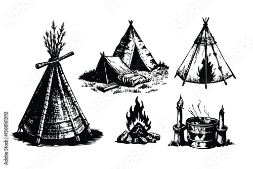 Native American Camp Vector Engraving Set. Detailed Monochrome Tribal Village Illustrations. Vintage Stipple & Hatching Style Icons & Symbols