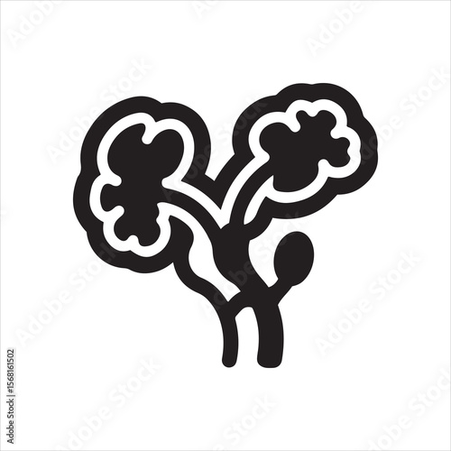 Stylized black broccoli florets with stems and a single leaf