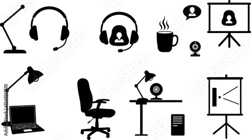 Virtual meeting setup vector illustration of office equipment for online conference and presentation