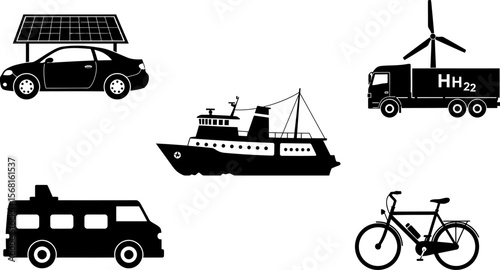 Transportation methods including solar car wind turbine truck bicycle boat and polluting van icons