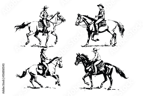 Cowboy Riding Horses Vector Engraving Set. Detailed Monochrome Western Action Illustrations. Vintage Stipple & Hatching Style Icons & Symbols