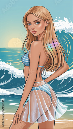 An illustration showing a pretty blonde in a swimsuit standing on a beach by the sea in front of high waves. Vector graphics. EPS.