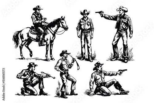 Cowboy Figures Vector Engraving Set. Detailed Monochrome Wild West Character Illustrations. Vintage Style Icons & Symbols
