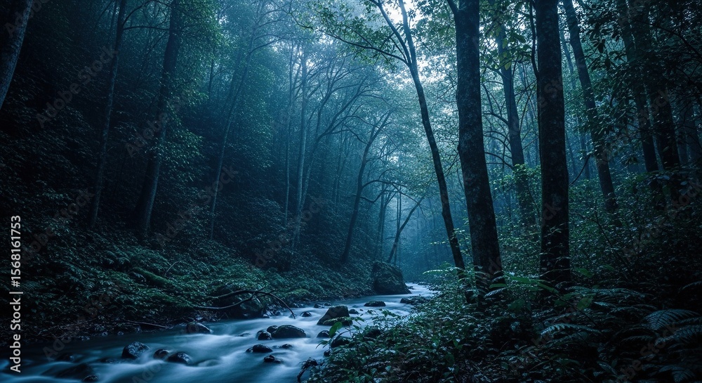 Obraz premium Enchanting Twilight Stream: Mystical Forest Path, Long Exposure, Serene Blue Hues