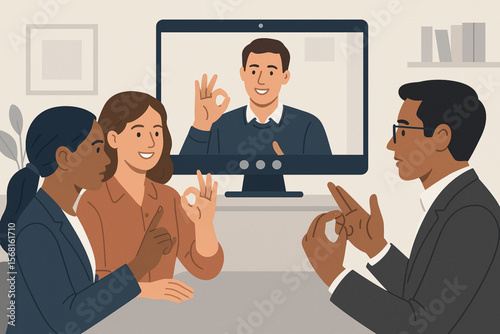 Diverse Team Using Sign Language in Online Video Conference Flat Vector Illustration