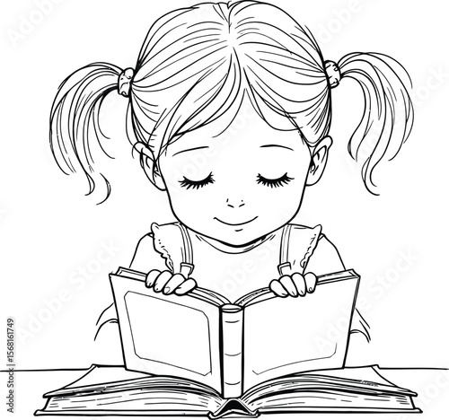 Immersed in Stories — Silhouette Line Illustration of Pigtail Girl Reading Two Open Books at Table
