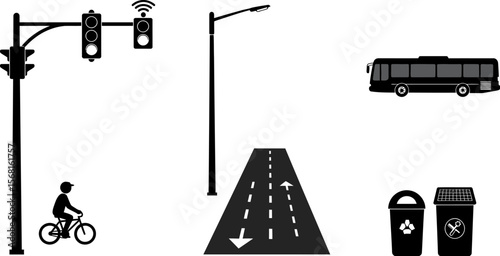 Vector illustration of city street elements traffic light bus cyclist road and trash cans isolated