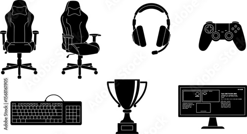 Gaming setup essentials vector illustration featuring chair headset keyboard controller and monitor