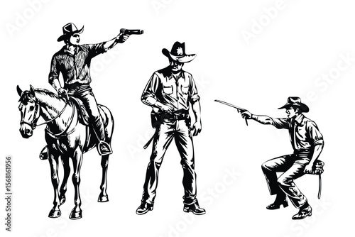 Cowboy Figures Vector Engraving Set. Detailed Monochrome Wild West Character Illustrations. Vintage Style Icons & Symbols