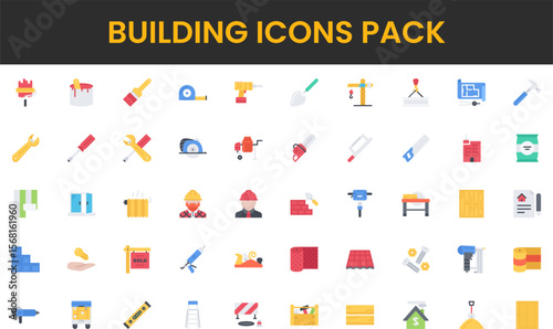 Diverse Building and Construction Icons Tools Materials and Architectural Elements.