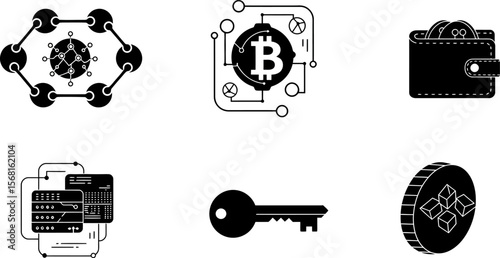 Cryptocurrency blockchain technology bitcoin wallet key server and coin vector icons set illustration