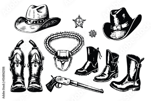 Cowboy Gear Vector Engraving Set. Detailed Monochrome Western Accessory Illustrations. Vintage Stipple & Hatching Style Icons & Symbols