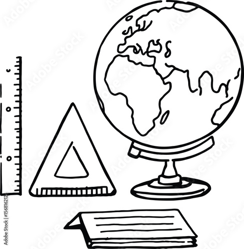 Study Essentials Quartet — Silhouette Composition Featuring Ruler, Set Square, Rotating Globe, and Index Cards for Academic Use