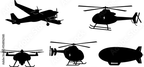 Aircrafts helicopters and blimp vector silhouettes aviation transport flying machines air travel air vehicles 100