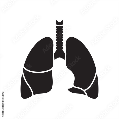 Stylized black silhouette of human lungs and trachea on white background