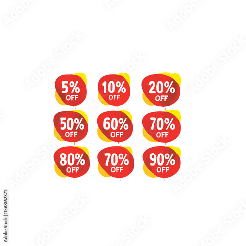 Various discount percentage stickers arranged on a white surface